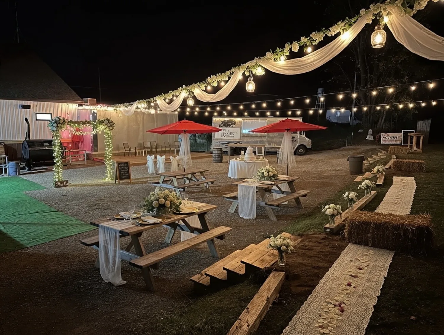 The Iron Pig backyard patio decorated for a night wedding with a lit floral arch by the smoker and second stage, hanging lanterns, lace aisle runner, floral centerpieces and a three-tier wedding cake in front of the food truck