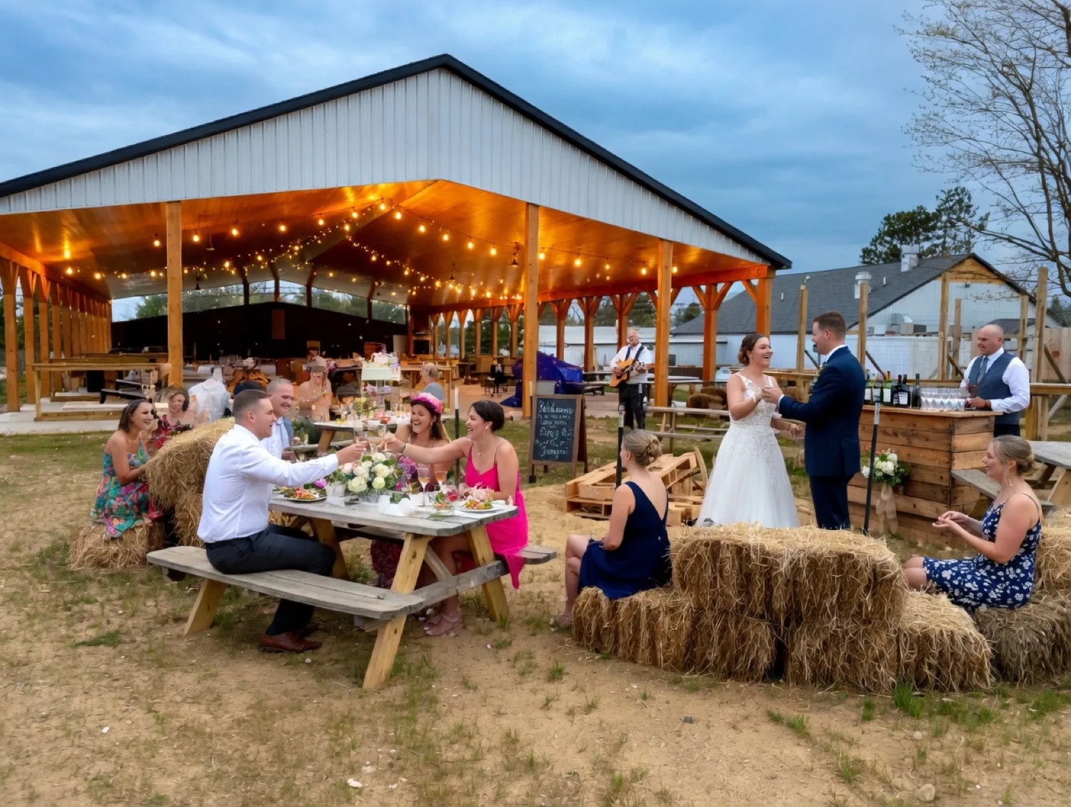 Bride and groom dancing outside the string-lit timber pavilion at dusk while wedding guests toast at a floral-decorated table with hay-bale seating, acoustic guitarist and rustic bar
